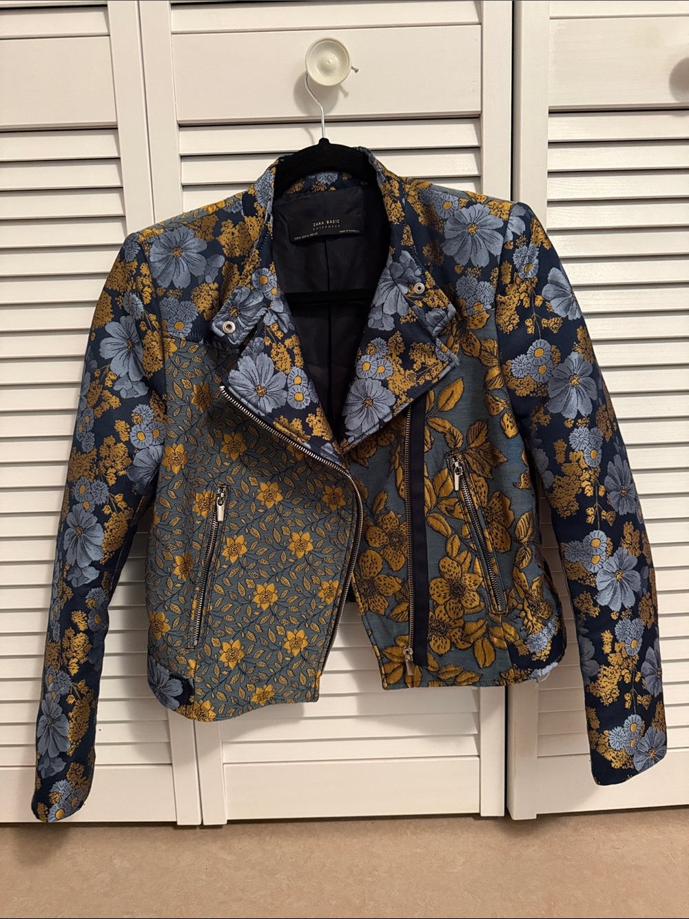 Zara Navy & Mustard Floral Jacquard Moto Jacket medium